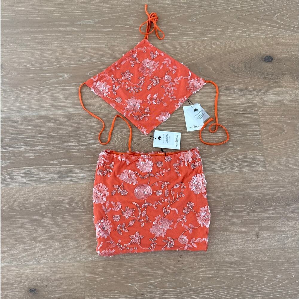 Hello Molly Sunkissed Oasis Mini Skirt Halter Top Set Size XS in Orange